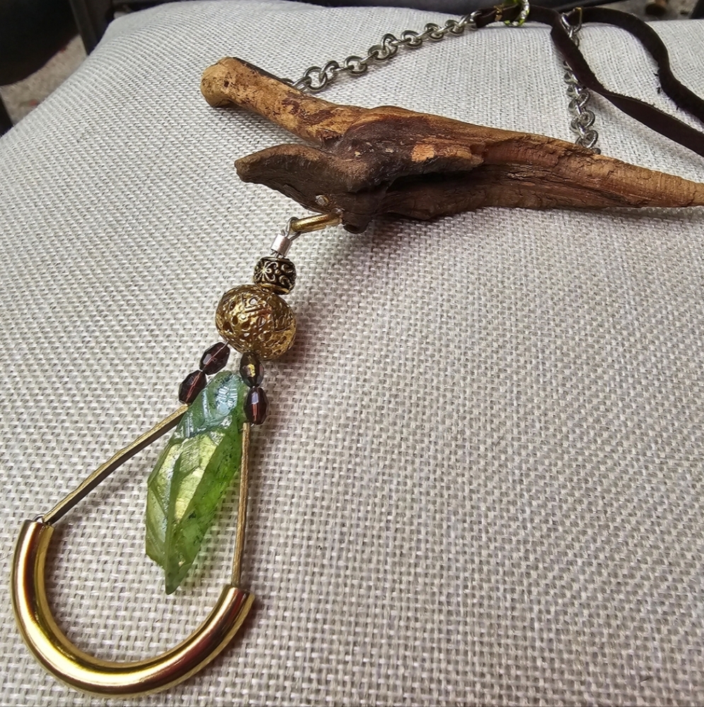 Wood crystal leather handmade necklace